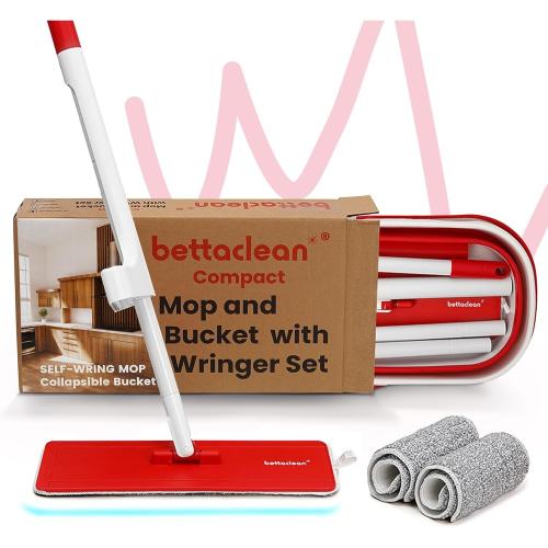 Collapsible Mop and Bucket Set with Wringer, Flat Mop and Bucket System, Foldable Mop, RV Mop, Outdoor Mop, Compact Mops for Floor Cleaning, Mop Set, Collapsible Mop Bucket, 3 Washable Microfiber Pads