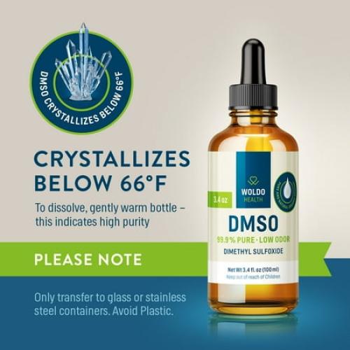 WoldoHealth DMSO 99.9% Pharmaceutical Grade - FT-IR Verified Dimethyl Sulfoxide, Low Odor Solvent in Glass Bottle with Precision Dropper (3.38 oz)