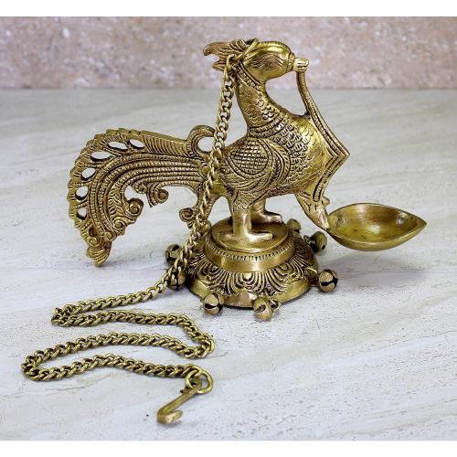 eSplanade Brass Diya Indian pooja lamp| Hanging Brass Deepak Deepam Kuthu Vilakku| With bells (Peacock).