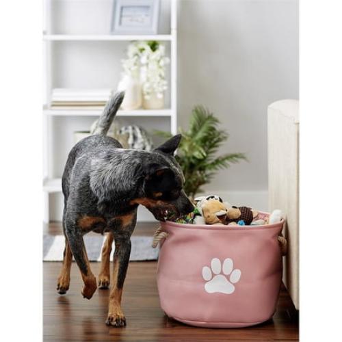 Contemporary Home Living 15 Pink and White Decorative Round Medium Lattice Paw Pet Storage Bin