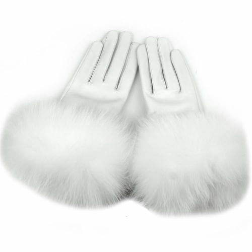 Yosang Women Genuine Lambskin Leather Winter Gloves with Fox Fur Trim White Medium