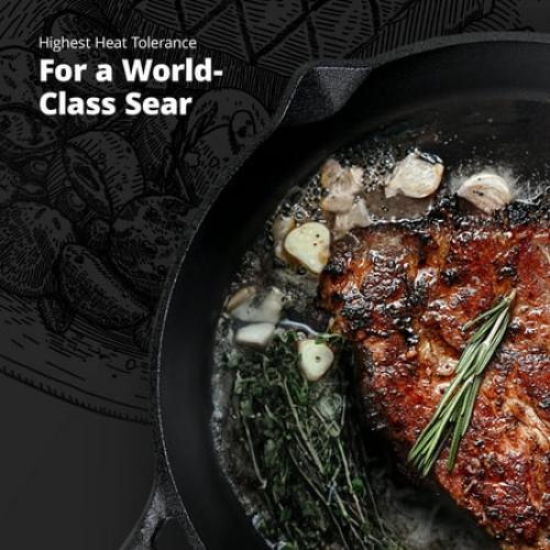 12 inch Cast Iron Skillet, Smooth Milled, Organically Seasoned Sauce Pan Surface