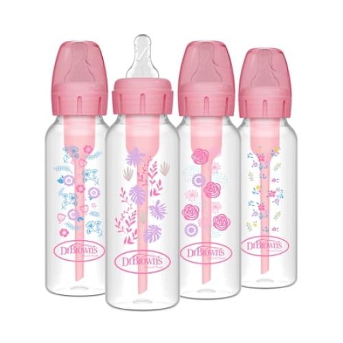 Dr. Brown's Anti-Colic Options  Narrow Baby Bottle, Pink Floral, 8oz, 0m , 4 Pack