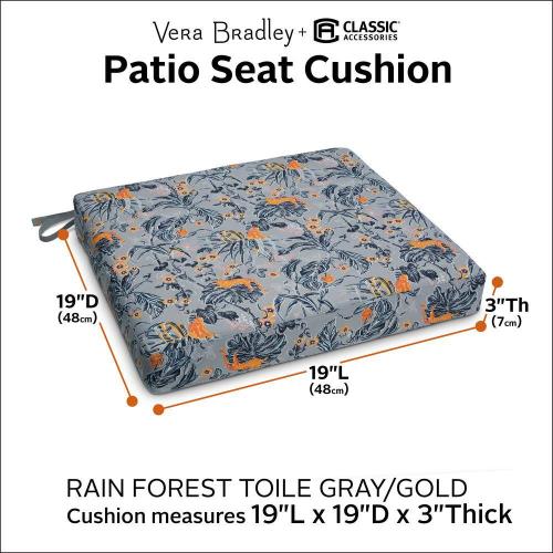 Vera Bradley 19 in. L x 19 in. W x 3 in. Thick Outdoor Patio Dining Seat Cushion in Rain Forest Toile Gray/Gold