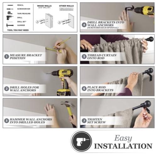 Kenney Chelsea 5/8 Matte Black Single Curtain Rod, 28-48, Black