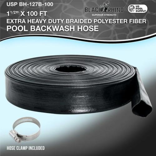 U.S. Pool Supply Black Rhino 1-1/2 x 100' Pool Backwash Hose with Hose Clamp - Extra Heavy Duty Superior Strength, Thick 1.2mm (47mils) - Weather Burst Resistant - Drain Clean Swimming Pools