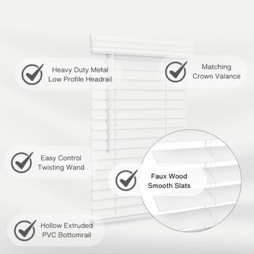 Lotus & Windoware Cordless 2 Faux Wood Room Darkening Horizontal Blind, 30 1/2 W x 60 L, Bright White, Smooth