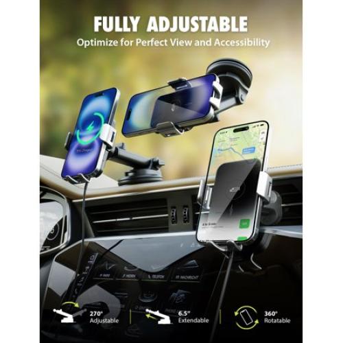 Bracketron PwrUp Automatic Universal 15W Qi Fast Wireless Charging 3 in 1 Dashboard Windshield and Vent Mount