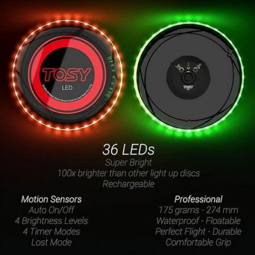 TOSY Flying Disc - 16 Million Color RGB or 36 LEDs, Extremely Bright, Smart Modes, Auto Light Up, Rechargeable, Cool Fun Christmas, Birthday & Camping Gift for Men/Boys/Teens/Kids, 175g frisbee