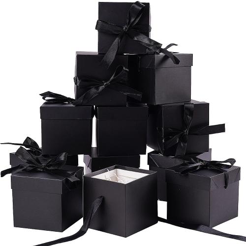 Square Gift Boxes with Lids Set of 4 Brown Kraft Gift Box with Ribbon (8.7 Inch Medium) Presents Packing Birthday Wedding Party Favor Boxes.