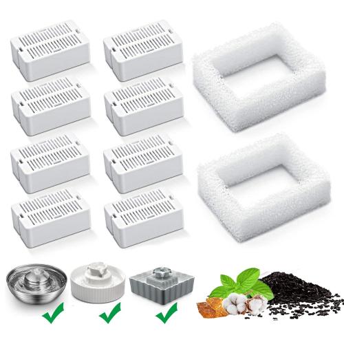 Cat Water Fountain Replacement Filters 8 Pack Cat Fountain Carbon Filters and 2 Pack Foam Filters for Ceramic Pet Drinking Fountain and Stainless Steel Pet Water Fountain (8+2 Pack)