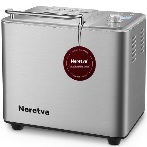 Neretva Bread Maker, 20-in-1 Automatic Bread Machine with Dual Heaters, 2LB Ceramic Pan, Stainless Steel, Silver