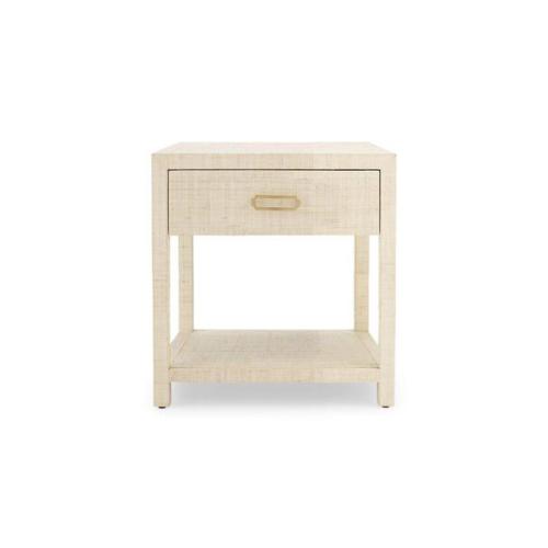 Mitchell Gold and Bob Williams, White with gold and silver handles, Single drawer nightstand with bottom shelf