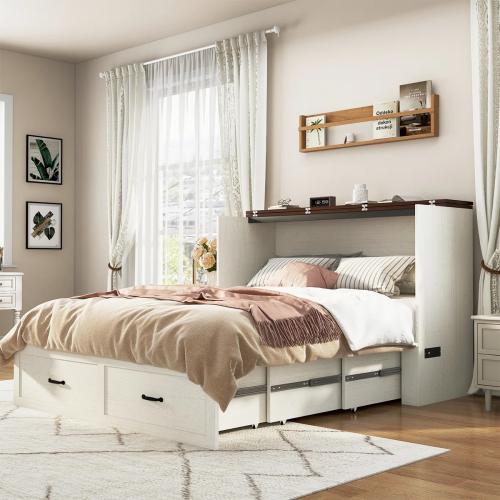 Wilkinson Farmhouse Murphy Full Bed Frame with Large Storage Drawer & Charging Station, White