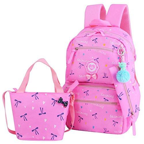 VIDOSCLA 3Pcs Heart Printing Backpack Sets Bowknot Primary Schoolbag Travel Daypack Shoulder Bag Girls Rucksack knapsack with Luch box Pencil case