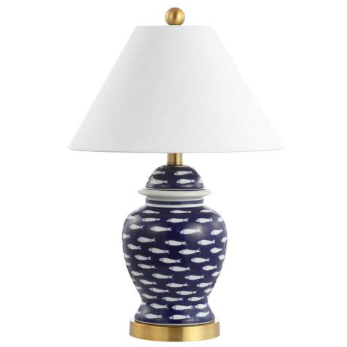 School of Fish 22 in. Navy Ginger Jar Ceramic/Metal LED Table Lamp, Blue/White