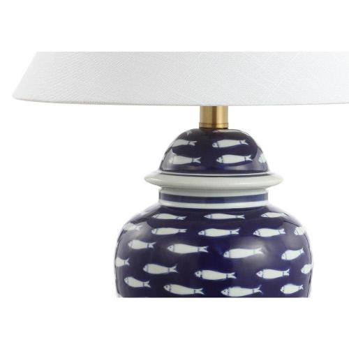 School of Fish 22 in. Navy Ginger Jar Ceramic/Metal LED Table Lamp, Blue/White
