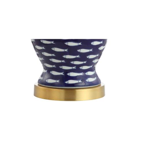 School of Fish 22 in. Navy Ginger Jar Ceramic/Metal LED Table Lamp, Blue/White