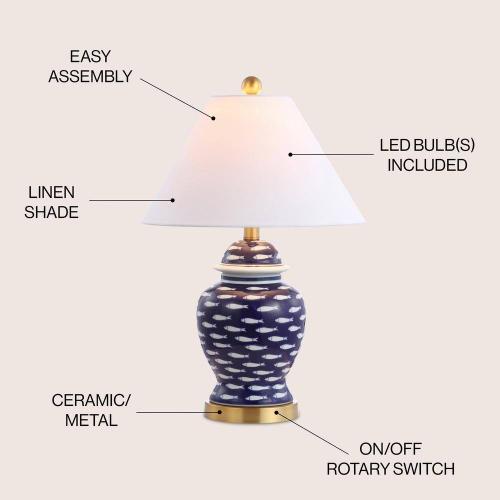School of Fish 22 in. Navy Ginger Jar Ceramic/Metal LED Table Lamp, Blue/White
