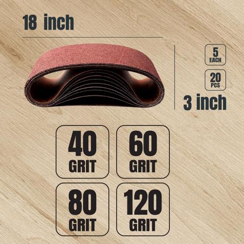 Pack of 20 Size 3 in. x 18 in. 40/60/80/120-Grits Aluminum Oxide Sanding Belts Assortment for Portable Belt Sander (20-Pack)