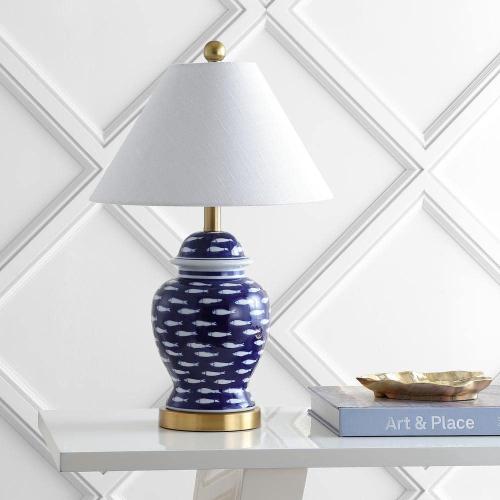 School of Fish 22 in. Navy Ginger Jar Ceramic/Metal LED Table Lamp, Blue/White