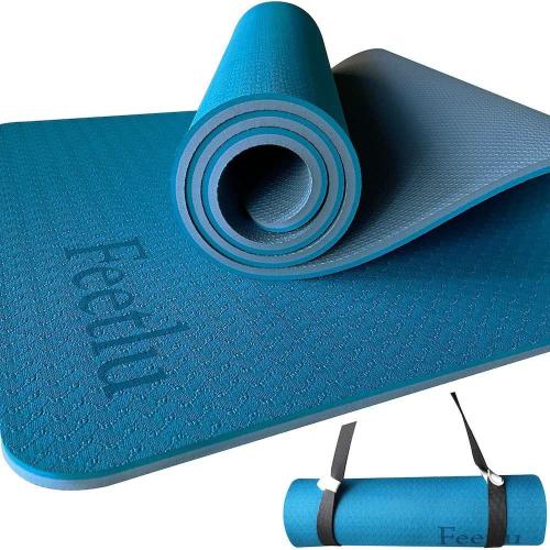 Feetlu Yoga Mat Thick with Strap 2/5 Inch (10MM) - Extra Thick Yoga Mat Non Slip Workout Mat Double-Sided Eco POE Yoga Mats for Women MenWorkout Mat for YogaPilatesand Floor Exercises(TUR BLU/GYB)