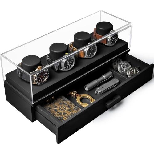 Elevate Your Watch Collection with The Watch Deck – Premium Watch Display Case for 4 Watches – Unique Birthday Day Gift for Men – Wooden Mens Watch Box & Watch Case – Lifetime Assurance Included Watch Deck Black