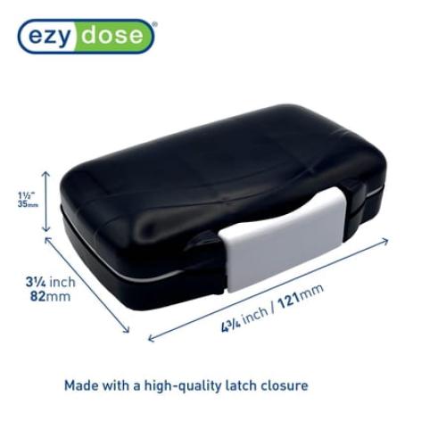 Ezy Dose Moisture-Proof Pill Organizer, Travel-Friendly, Latch-Closure to Secure Contents, 4 Individual Compartments of Multiple Sizes with Tight Seal, Medium, Black