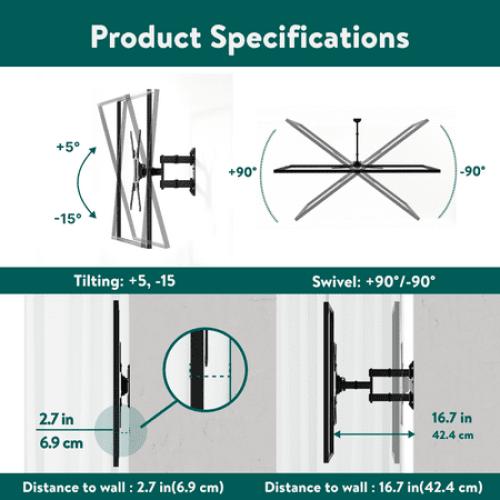 onn. Full Motion TV Wall Mount for 19 to 50 TVs, up to 15° Tilting