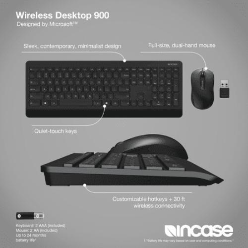 Incase Wireless Desktop 900 Keyboard and Mouse Combo - Designed by Microsoft – Quiet Touch Keys, Ambidextrous Design, Customizable Hotkeys, Two Year Battery Life