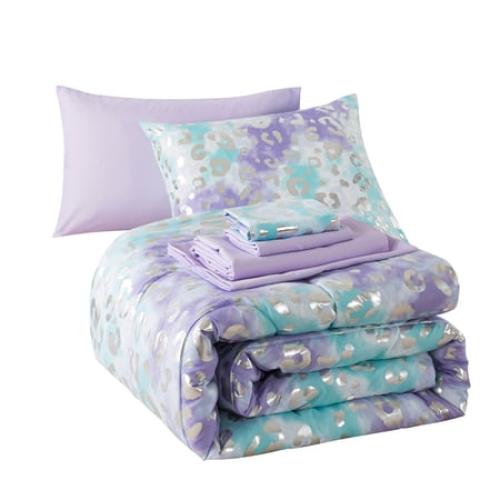 Your Zone Metallic Foil Cheetah Full Bedding Set for Kids, Purple, 7 Pieces with Storage Bag
