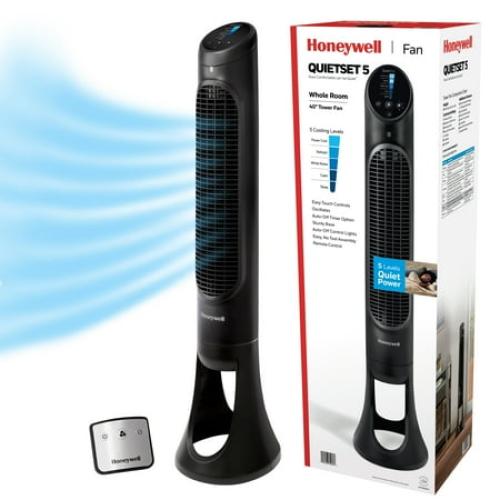 Honeywell 40 Black Quiet Set Oscillating Tower Fan, 30ft Air Circulation Power, 5 Speed, Auto Off Timer, HYF260B