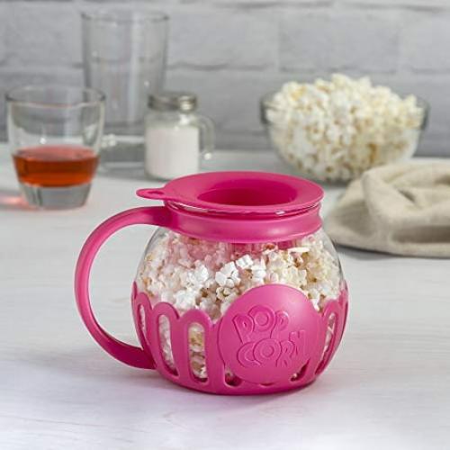 Ecolution Original Microwave Micro-Pop Popcorn Popper, Borosilicate Glass, 3-in-1 Silicone Lid, Dishwasher Safe, BPA Free, 1.5 Quart - Snack Size, Pink
