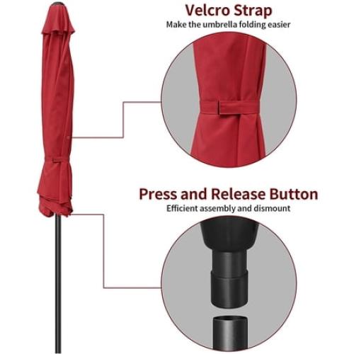 Simple Deluxe 9ft Outdoor Market Table Patio Umbrella with Button Tilt and 8 Sturdy Ribs, Red