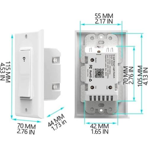 2 Pack Smart Switch with Remote Control with Alexa/Google Home Light Smart Home Electrical Switch Single-Pole 2.4GHz Wi-Fi Timer Wall Switch Neutral Wire Needed