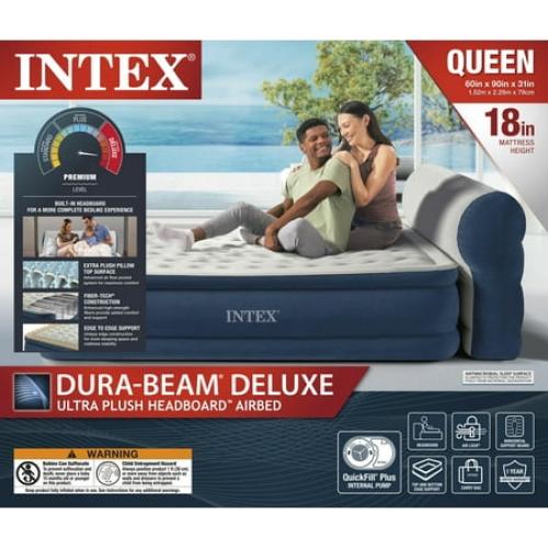 Intex Headboard 18 Queen Dura-Beam Deluxe Raised Air Bed Mattress with Built-in Pump