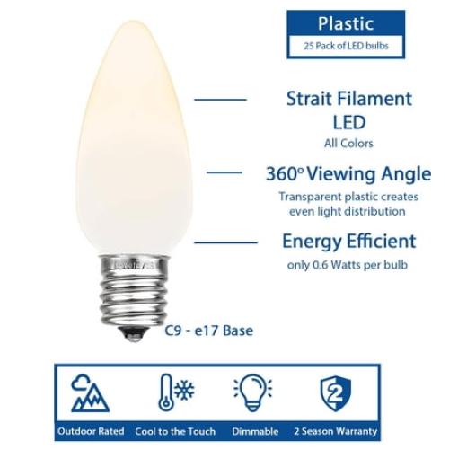 Novelty Lights C9 LED Christmas Warm White Smooth Plastic Light Set, White Wire (25 Bulbs, 25 Feet)