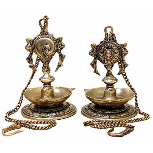 StonKraft - Pair of Brass Hanging Diya, Oil Lamp, Lamp For Home and Office (Hanging Length 25.75)
