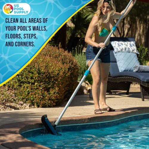 U.S. Pool Supply Professional 18 Heavy-Duty Floor & Wall Pool Brush with 270 Degrees of Durable Nylon Bristles - Reinforced Handle, Scrub Clean Corners, Steps, Leaves Debris - Safe for Vinyl Liners