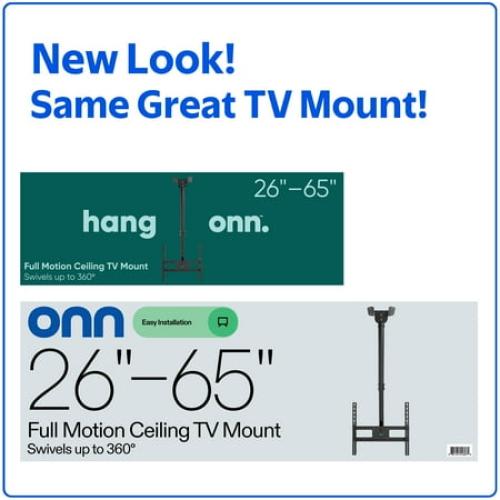 onn Full Motion Ceiling TV Mount for 26 to 65 TVs, UL Listed, Holds up to 110 lbs