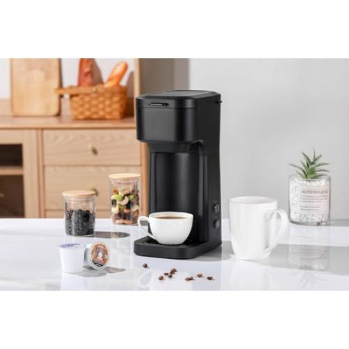 Mainstays Black Matte Dual Brew Coffee Maker, Single Serve, Auto Shutoff, 14 oz Reservoir