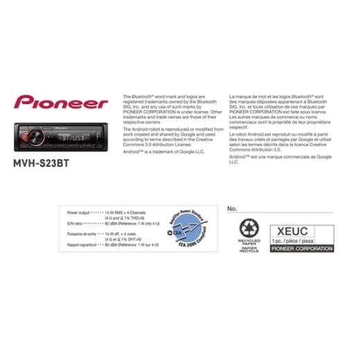 Pioneer MVH-S23BT Single Din Bluetooth Car Stereo Digital Media Receiver, Android Compatible (New)