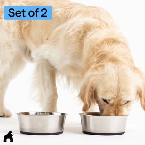 GORILLA GRIP Dog Bowl Set of 2, Holds 4 Cups, Food Grade 304 Stainless Steel, Silicone Base, Black