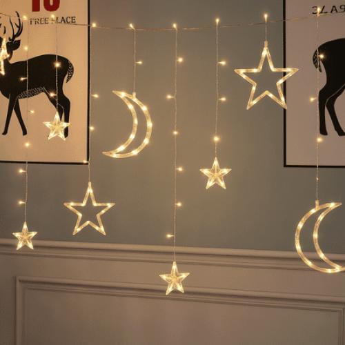 Mainstays 144-Count Indoor Battery-Operated Curtain Lights with Stars and Moons, Warm White LED, 6 ft Lighted Length