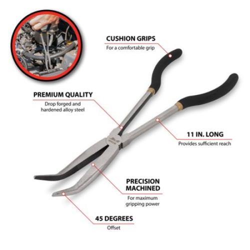 Performance Tool W1045 11-Inch Long Reach 45-Degree Bent Long Nose Pliers, Black