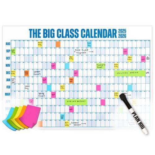 Size  4 x 3 The Big Class School Year Calendar August 2025 - July 2026, Dry Erase, 4 x 3 Feet, Blue