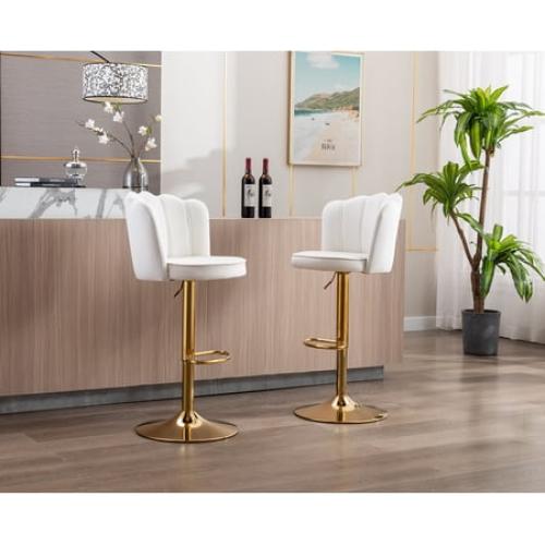 Guyou Swivel Adjustable Bar Stools Set of 2, Velvet Counter Height Barstools with Petal Back and Gold Footrest, Modern Counter Bar Height Stool Chairs for Kitchen Island Bar Cafe, Cream