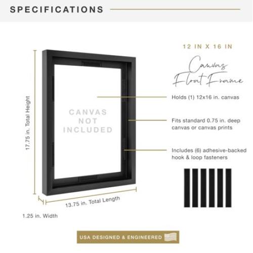 MCS Canvas Float Frames 16x20 Frame, Black Frame for Finished Canvases, Vertical & Horizontal Wall Hanging Large Frame with Adhesive for Canvas Paintings (1-Pack)