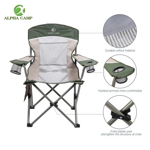 ALPHA CAMP Oversized Mesh Back Camping Folding Chair Heavy Duty Support 350 LBS Collapsible Steel Frame - Black Grey