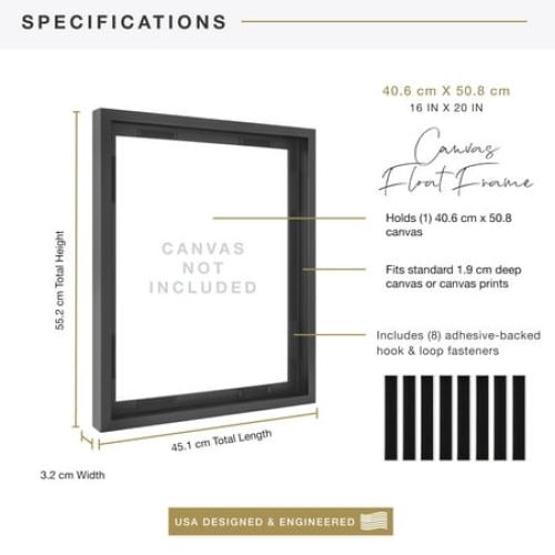 MCS Canvas Float Frames 16x20 Frame, Black Frame for Finished Canvases, Vertical & Horizontal Wall Hanging Large Frame with Adhesive for Canvas Paintings (1-Pack)